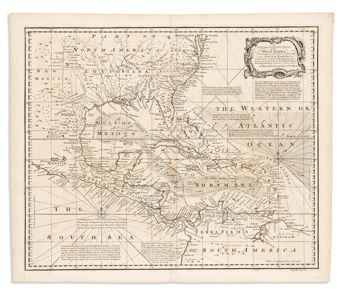 (CARIBBEAN.) Emanuel Bowen. A New and Accurate Chart of the West Indies with the Adjacent Coasts of North and South America.